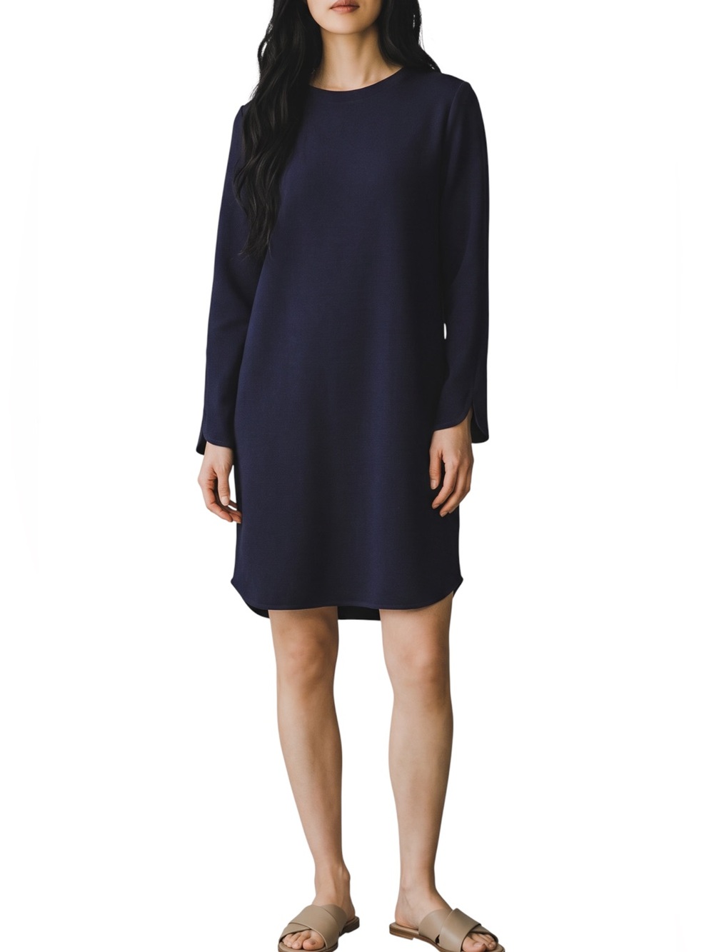 4/$20 Moon Navy Open Back Shift Dress 3/4 Sleeve Crepe Mini Dress Medium - Picture 2 of 6